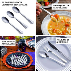 25-Pack Plastic Spoons Light Silver Heavy Duty with Fluted Handles - Reliable Disposable Cutlery 7"