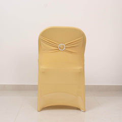 Stretch Spandex Chair Cover Champagne for Folding Chairs - Secure Fit Slipcover with Silver Rhinestone Buckled Sash Band