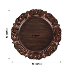 6-Pack Acrylic Round Charger Plates 13" in Dark Brown with Aristocrat Retro Baroque Rim, Ornate Plastic Decorative Chargers