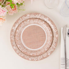 25-Pack Paper 7" Round Dessert Plates in Natural Burlap Print with Floral Lace Rim - Disposable Rustic Appetizer Salad Plates for Farmhouse Weddings & Celebrations