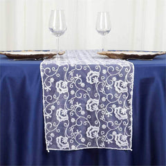Tulle 14"x108" Table Runner Silver Embroidered Interlaced Threads - Stylish Table Decor