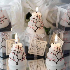 Wedding Cake Candle Cherry Blossom Design Gift Wrapped with Thank You Tag - Chic Party Favors for Special Occasions 2"