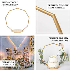 Metal Nonagon Floral Hoop Cake Stand Gold - Chic Geometric Dessert Display DIY Centerpiece Table Decoration With Wooden Base 27"