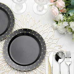 10 Pack 7.5" Black With Gold Dot Rim Plastic Dessert Plates, Round Salad Disposable Tableware Plates