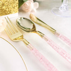 24-Pack Plastic Cutlery Set Metallic Gold with Rose Gold Glitter - Stylish Disposable Silverware-Pack 8"