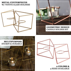 Set of Metal Candle Holders Linked Geometric Design Gold - Chic Votive Glass Decor for Events & Gatherings 9"