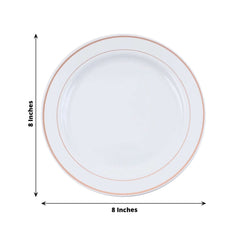 10-Pack Plastic Dessert Plates White with Très Chic Rose Gold Rim - Disposable Plates for Parties 8"