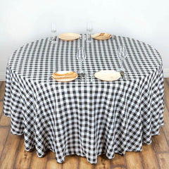 Polyester 120" Round Tablecloth White/Black Seamless - Checkered Buffalo Plaid Design for Stylish Celebrations