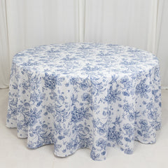 Polyester 120" Round Tablecloth White - Blue French Toile Pattern for Chic Weddings