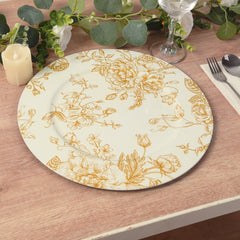 6-Pack Acrylic Round Charger Plates 13" in White with Gold Floral French Toile Pattern, Decorative Dinner Party Charger Tableware