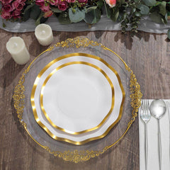 25-Pack Paper Round Dinner Plates 10" Matte White with Gold Wavy Rim - Disposable 350GSM Party Plates for Banquets & Upscale Gatherings