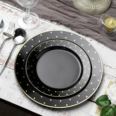 10 Pack 10" Black With Gold Dot Rim Plastic Dinner Plates, Round Disposable Tableware Plates