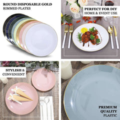 10-Pack Plastic 8" Round Dessert Plates in Black with Gold Rim - Glossy Disposable Appetizer Salad Plates