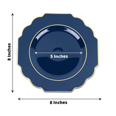 10 Pack 8" Navy Blue Hard Plastic Dessert Appetizer Plates, Disposable Tableware, Baroque Heavy Duty Salad Plates with Gold Rim