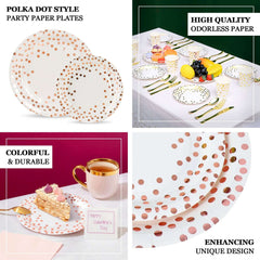 25 Pack 7" White Rose Gold Polka Dot Dessert Appetizer Paper Plates, Disposable Salad Party Plates - 300 GSM