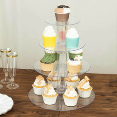 4-Tier Acrylic Round Cupcake Stand Clear - Heavy Duty Easy To Assemble Dessert Tower Holder Pastry Display with Film Sheets for Modern Minimalist Buffet Party Tables 14"