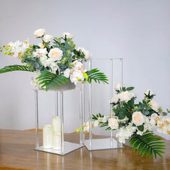 Acrylic Flower Vase Pillar Stand with Square Mirror Base Clear - Stylish Wedding Table Centerpiece 16"
