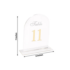 Clear Arch Acrylic Table Numbers (11-20) - 6"x7" Wedding Reception Signs with Gold Print & Stands
