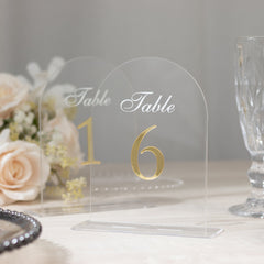 Clear Arch Acrylic Table Numbers (1-10) - 6"x7" Wedding Reception Signs with Gold Print & Stands