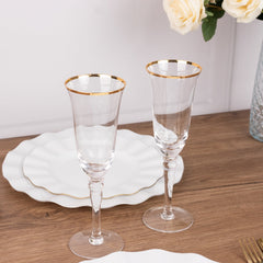 6-Pack Champagne Flute Glasses Clear Gold Rimmed Design with Long Beaded Stem - Chic Crystal Glassware for Wine & Events 6oz 8.5"