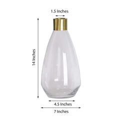 2-Pack Glass Flower Vases Teardrop Design Clear with Gold Metal Top - Stylish Event Table Centerpieces 14"