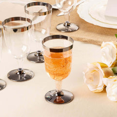 12-Pack Plastic Wine Glasses Clear with Chrome Silver Rim - Stylish Short Stem Disposable Cups for Parties 6oz