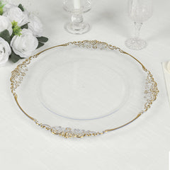 20-Pack Economy Plastic Round Charger Plates 13" in Clear with Gold Embossed Baroque Rim, Stylish Dinner Party Serving Plates