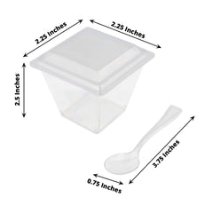 24-Pack Plastic Square Dessert Tumbler Cup Clear - Disposable Snack Serving Cups with Lid and Spoon Set for Parties, Catered Events & Buffets 4oz