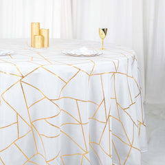 Polyester 120" Round Tablecloth White with Gold Foil Geometric Pattern Wrinkle-Resistant Modern Seamless Table Cover