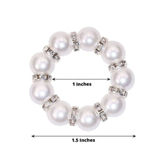 4 Pack 1.5" White Pearl Beads and Silver Rhinestone Napkin Rings, Elegant Round Serviette Buckle Napkin Holders