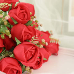 3 Pack 13" Red Real Touch Silk Rose Bud Flower Bridal Bouquets, Artificial Floral Bush Arrangements