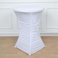 Heavy Duty Spandex 32" Fitted Round Cocktail Table Cover White Ruched Pleated - Durable Stretch Design