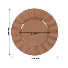 10-Pack Plastic 9" Round Dinner Plates in Coffee Brown Ruffled Rim with Gold Edging - Sturdy Disposable Dinnerware