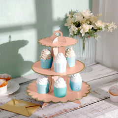 3-Tier Cardboard Cupcake Stand Blush - Sturdy & Collapsible Dessert Treat Tower with Gold Scalloped Rim for Baby Shower Wedding & Party Decor 13"