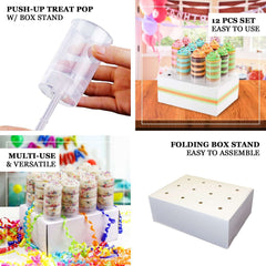 12-Pack Plastic Cake Push-Up Pops Clear with Holder - Easy-to-Use Push Pop Containers for Layered Desserts Jello & Candy Displays