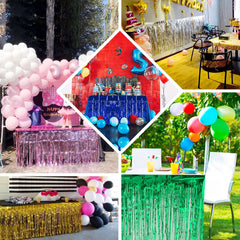 Metallic Foil Fringe Table Skirt Blue with Self Adhesive Backing - Durable Tinsel Skirt for Parties 30"x9ft