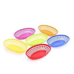 6-Pack Plastic Food Baskets with 50 Wax Paper Liners Assorted Colors - Durable Oval Deli Serving Trays