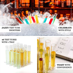 16-Pack Plastic Shot Glasses Clear Test Tube - Lightweight Disposable Glasses with Tray for Events 1oz