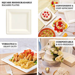 50-Pack Bagasse 8" Square Dessert Plates White with Wide Rim - Eco Friendly Sugarcane Appetizer/Salad Plates for Parties & Events