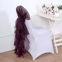 1 Set Chiffon Hoods Chair Sashes with Willow Ruffles Design Eggplant - Stylish Chair Bow Decor