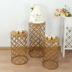 Set of 3 Gold Metal Cylinder Pillar Cake Display Stands, Round Mesh Plinth Pedestal Stand in Hollow Overlapping Circles Pattern - 22",24",30"