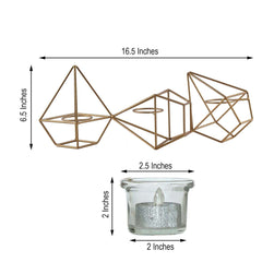 Set of Metal Candle Holders Linked Geometric Design Gold - Modern Votive Glass Decor for Tables & Gatherings 16"