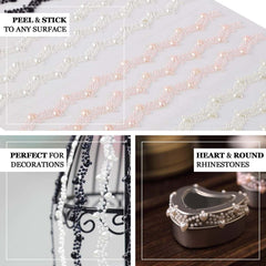 Black Self Adhesive Craft Rhinestone Trim Strips, Heart Pearl Embellishment Stickers