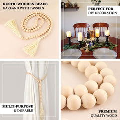 55" Cream Rustic Boho Chic Wood Bead Garland With Tassels, Farmhouse Country Wood Bead Chain
