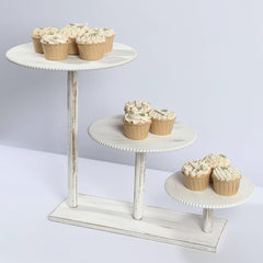 3-Tier Wooden Cake Stand Whitewash with Round Beaded Rim Trays - Rustic Cupcake Tower Dessert Display 24"x16"
