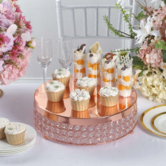 Metal Cake Stand Pedestal Crystal Beaded Design Rose Gold - Cupcake Display and Dessert Riser 13"