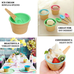 Set of 6 Plastic Dessert Cups Waffle Design Blue, Green, Pink - Includes Matching Spoons 5oz