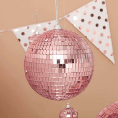 4 Pack 6" Rose Gold Foam Disco Mirror Ball With Hanging Strings, Holiday Christmas Ornaments