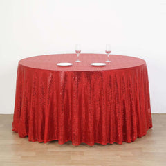 Sequin 132" Round Tablecloth Red - Seamless Dazzling Table Cover