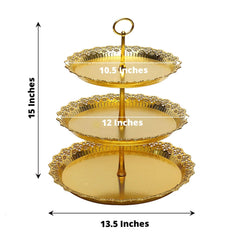 3-Tier Plastic Round Cupcake Stand 15" Metallic Gold with Lace Scalloped Edges - Multifunctional Space Saving Dessert Display Tower Pastry Serving Tray for Classy Events